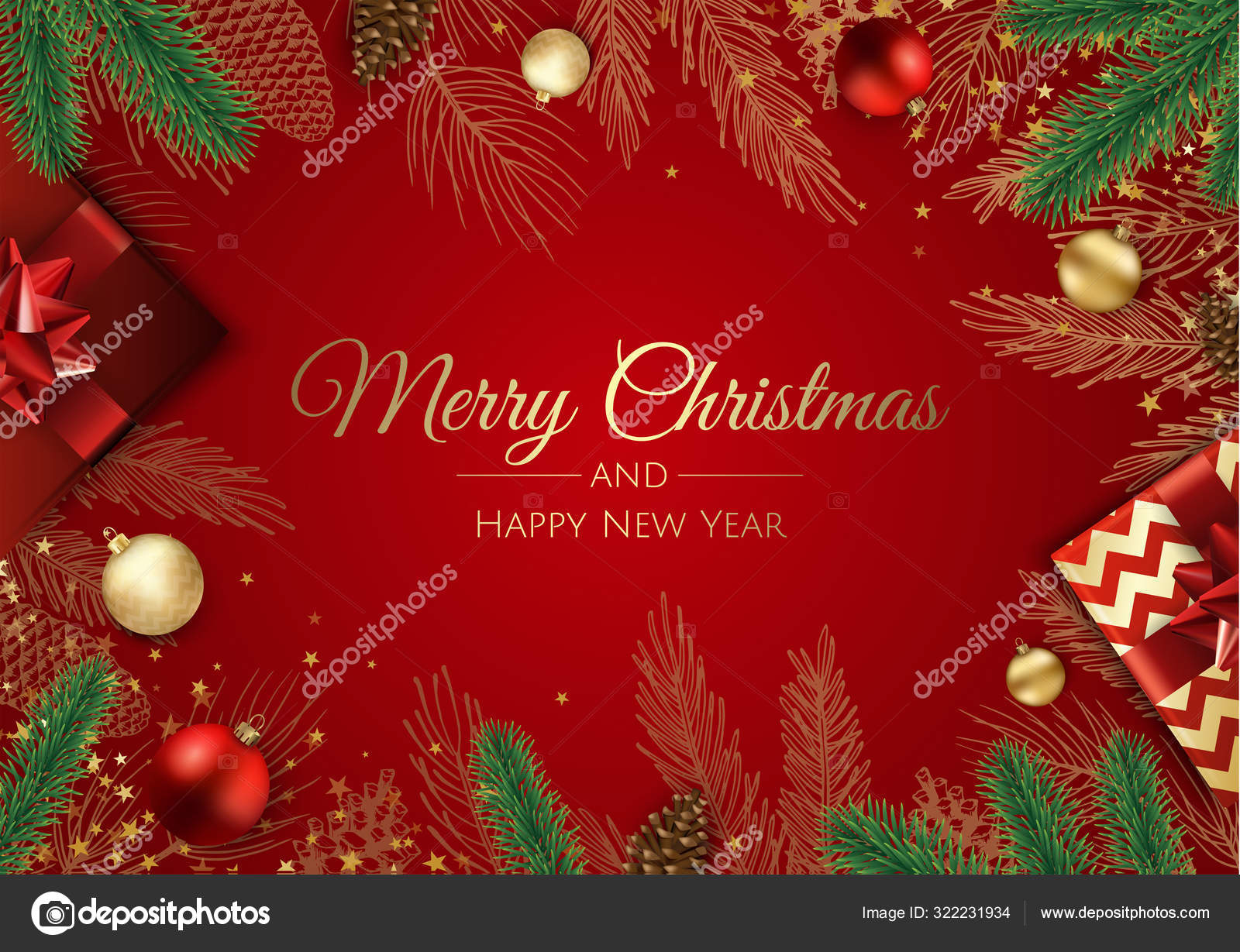 Christmas greeting card with Christmas Tree Decorations, Pine Branches