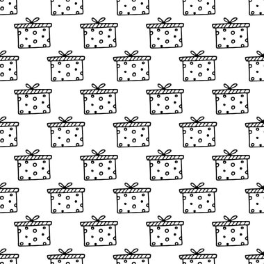Hediye kutularıyla kusursuz vektör deseni. Duvar kağıdı, tekstil, ambalaj, kart, kıyafet baskısı.