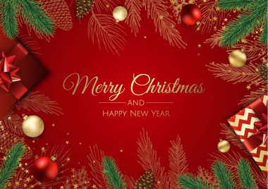 Noel ağacı süslemeleri, çam dalları, kar tanesi ve konfeti içeren Noel tebrik kartı..