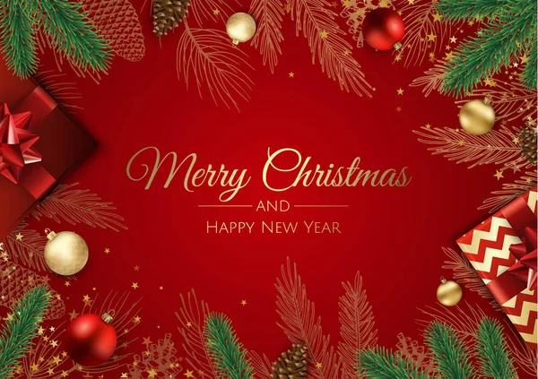 Noel ağacı süslemeleri, çam dalları, kar tanesi ve konfeti içeren Noel tebrik kartı..
