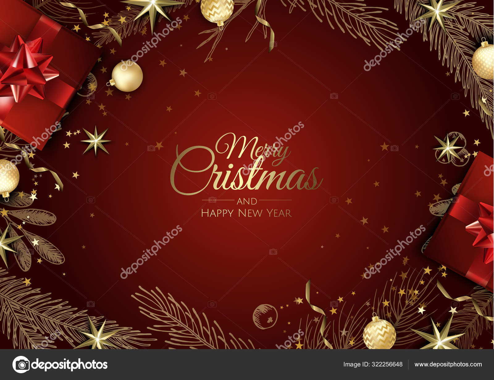 Vánoční přání s vánoční ozdobou stromků, borovicové větve, sněhová