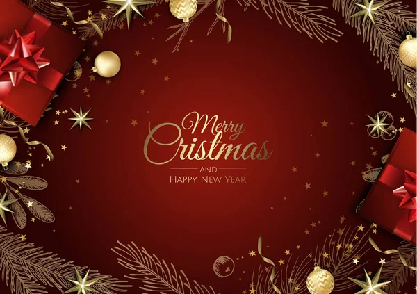 Noel ağacı süslemeleri, çam dalları, kar tanesi ve konfeti içeren Noel tebrik kartı..