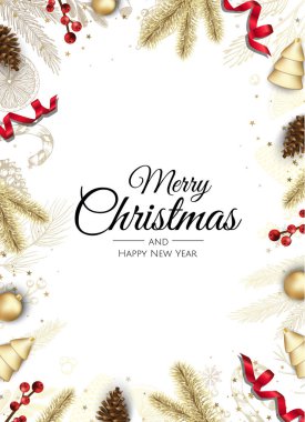 Noel ağacı süslemeleri, çam dalları, kar tanesi ve konfeti içeren Noel tebrik kartı..
