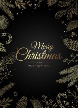 Noel ağacı süslemeleri, çam dalları, kar tanesi ve konfeti içeren Noel tebrik kartı..