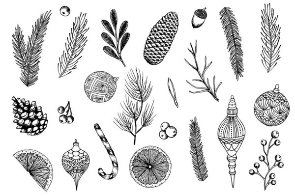 Рождественский набор, ручная работа, каракули стиль, елка, конус, рождественские шары
.