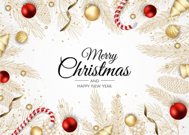 Noel ağacı süslemeleri, çam dalları, kar tanesi ve konfeti içeren Noel tebrik kartı..