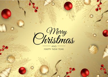 Noel ağacı süslemeleri, çam dalları, kar tanesi ve konfeti içeren Noel tebrik kartı..