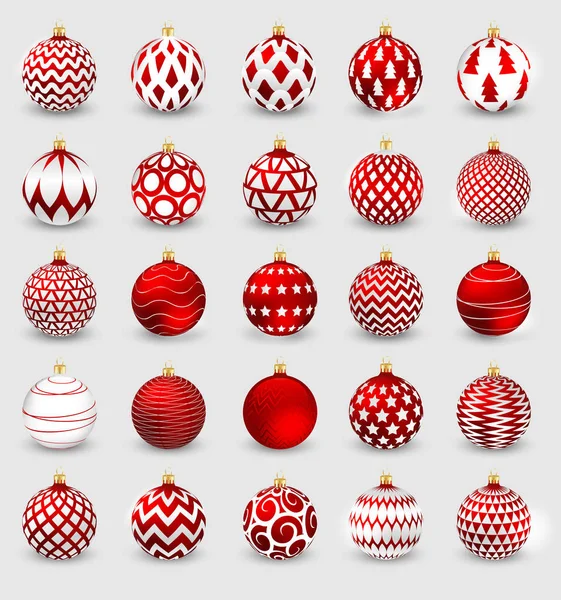 Set de bolas decorativas de Navidad rojas aisladas sobre fondo blanco, ilustración . — Archivo Imágenes Vectoriales
