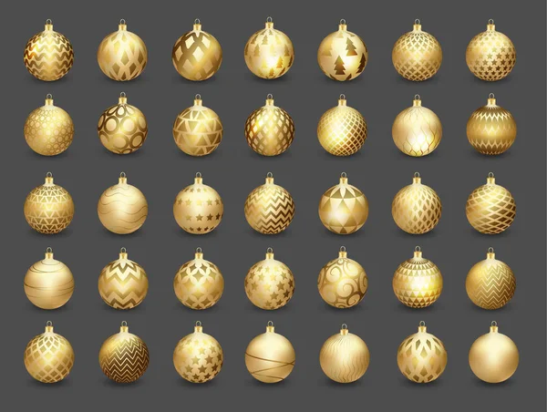 Set aus dekorativen goldenen Weihnachtskugeln isoliert auf dunklem Hintergrund, Illustration. — Stockvektor