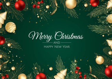 Noel baloları, kar taneleri ve konfetiyle Noel tebrik kartı..