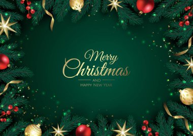 Noel ağacı süslemeleri, çam dalları, kar tanesi ve konfeti içeren Noel tebrik kartı..