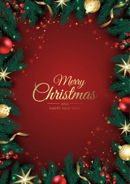 Noel ağacı süslemeleri, çam dalları, kar tanesi ve konfeti içeren Noel tebrik kartı..