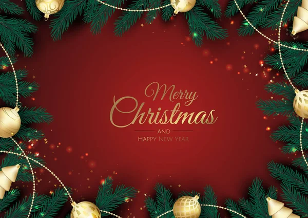 Χριστουγεννιάτικη ευχετήρια κάρτα με χριστουγεννιάτικο δέντρο διακοσμήσεις, κλαδιά πεύκου, νιφάδες χιονιού και κομφετί. — Διανυσματικό Αρχείο