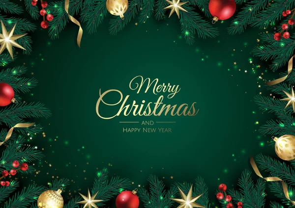 Weihnachtsgrußkarte mit Christbaumschmuck, Tannenzweigen, Schneeflocke und Konfetti. — Stockvektor