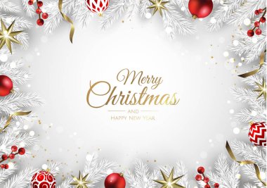 Noel ağacı süslemeleri, çam dalları, kar tanesi ve konfeti içeren Noel tebrik kartı..