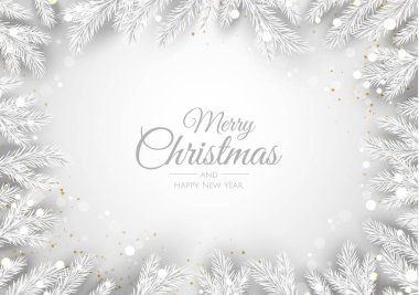 Noel ağacı süslemeleri, çam dalları, kar tanesi ve konfeti içeren Noel tebrik kartı..