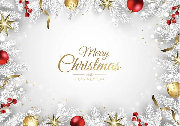Noel ağacı süslemeleri, çam dalları, kar tanesi ve konfeti içeren Noel tebrik kartı..
