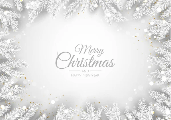 Noel ağacı süslemeleri, çam dalları, kar tanesi ve konfeti içeren Noel tebrik kartı..