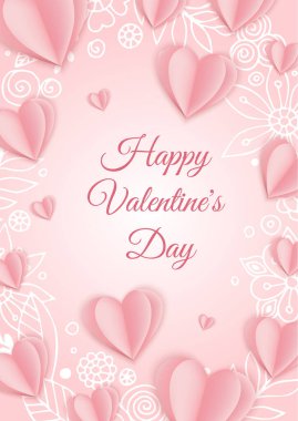 Sevgililer Günü konsepti geçmişi. Pembe kağıt kalpler. Sevimli aşk satışı afişi ya da tebrik kartı