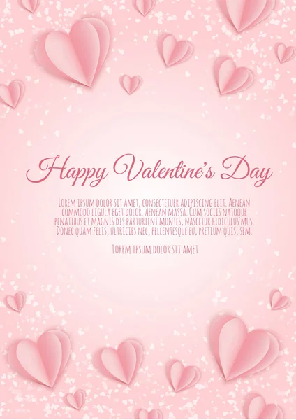 Valentin nap koncepció háttér. Rózsaszín papírszívek. Aranyos szerelem eladó banner vagy üdvözlő kártya — Stock Vector