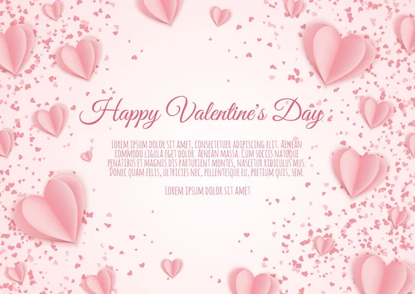 Concepto de San Valentín fondo. Corazones de papel rosa. Lindo amor venta banner o tarjeta de felicitación — Vector de stock