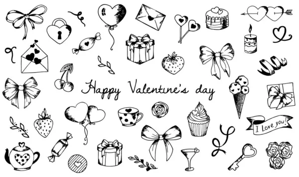Sevgi hakkında bir dizi el çizimi unsur. Beyazda izole edilmiş tasarım elemanları. Sevgililer Günün kutlu olsun.. — Stok Vektör