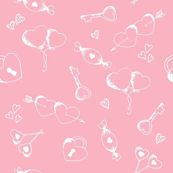 Naadloos patroon voor Valentijnsdag met harten, geschenken, strikken, linten, ballen. — Stockvector