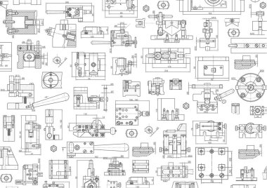 Teknik çizim arka planı. Makine Mühendisliği çizimi. Motor hattı çizim arkaplanı