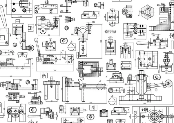 Fondos de ingeniería. Dibujos de ingeniería mecánica. Cubierta. Banner. Diseño técnico. Proyecto de . — Vector de stock