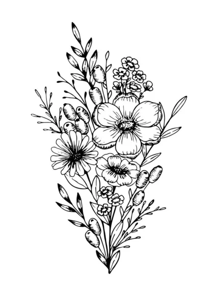 Illustrazioni botaniche disegnate a mano. Modello floreale disegnato a mano, cornice con fiori delicati, rami, piante . — Vettoriale Stock