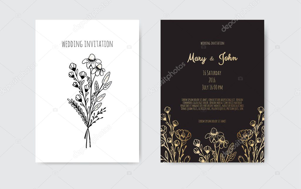 Minimalist wedding invitation card template design. Template, Frame with Delicate Flowers, Branches, Plants.