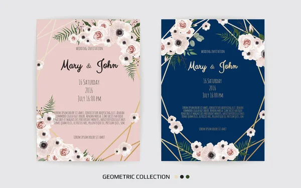 Minimalistisches Design der Hochzeitseinladungskarte. Schablone, Rahmen mit zarten Blumen, Zweigen, Pflanzen. — Stockvektor
