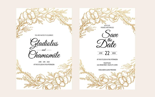 Diseño de plantilla de tarjeta de invitación de boda minimalista. Plantilla, Marco con flores delicadas, Ramas, Plantas. — Vector de stock