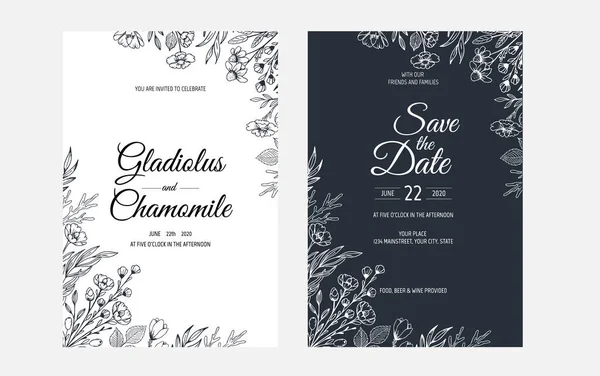 Minimalist wedding invitation card template design. Template, Frame with Delicate Flowers, Branches, Plants. — Stock Vector