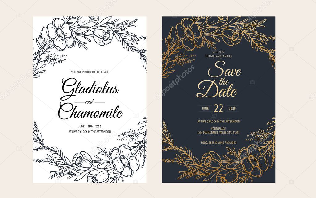 Minimalist wedding invitation card template design. Template, Frame with Delicate Flowers, Branches, Plants.