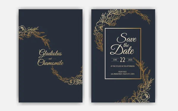 Diseño de plantilla de tarjeta de invitación de boda minimalista. Plantilla, Marco con flores delicadas, Ramas, Plantas. — Vector de stock