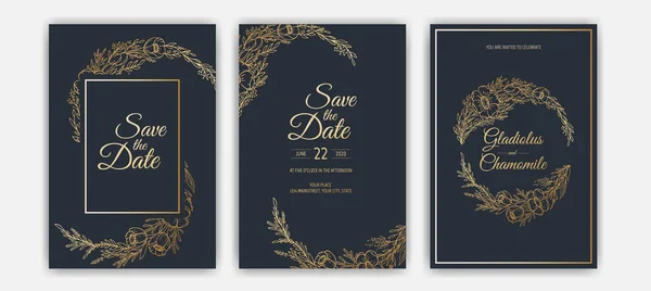 Design minimalista del modello di biglietto d'invito al matrimonio. Modello, cornice con fiori delicati, rami, piante. — Vettoriale Stock