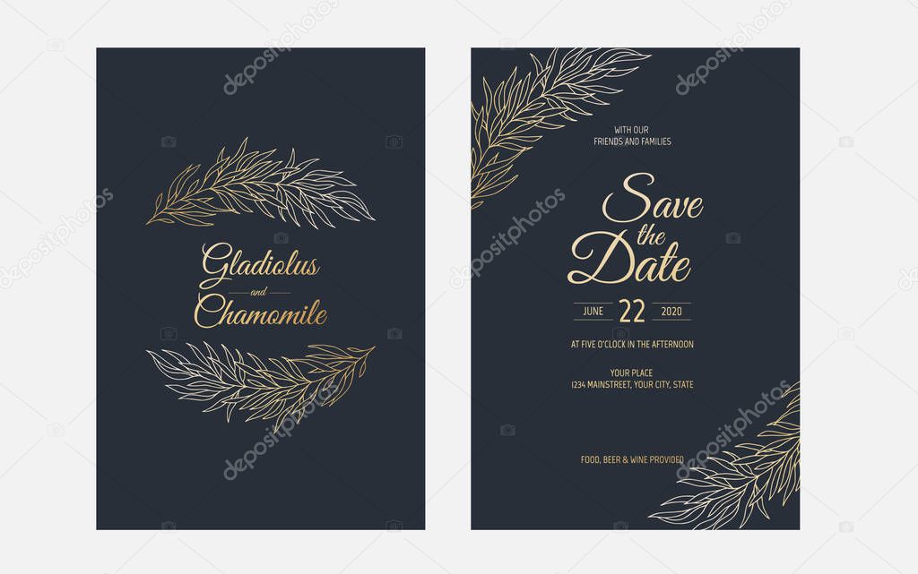 Minimalist wedding invitation card template design. Template, Frame with Delicate Flowers, Branches, Plants.