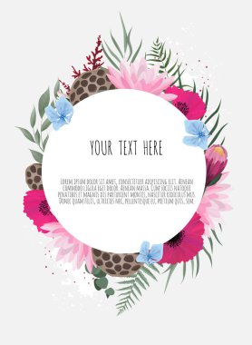 Vektör çiçek tasarım kartı. Selamlar, kartpostallı düğün davetiyesi şablonu. Lotus ve şakayıklı zarif bir çerçeve..