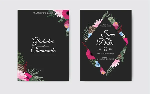 Diseño Plantilla Tarjeta Invitación Boda Botánica Flores Blancas Rosas Sobre — Vector de stock