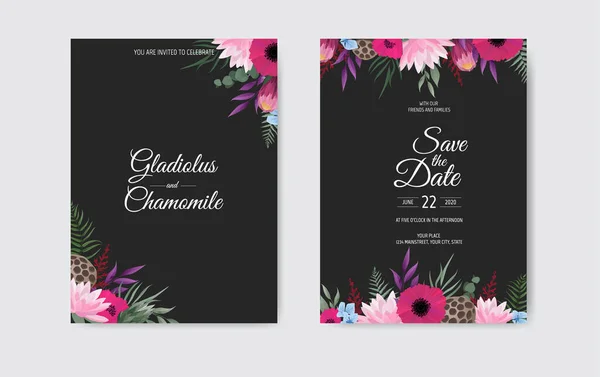 Diseño Plantilla Tarjeta Invitación Boda Botánica Flores Blancas Rosas Sobre — Vector de stock