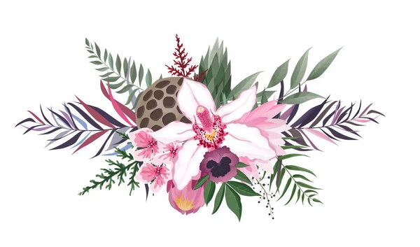 Een set bloemtakken. Orchidee, roze roos, groene bladeren. Bloemenposter, uitnodiging. Set bladeren, bloemen, takken, kruiden en andere natuurlijke elementen. — Stockvector