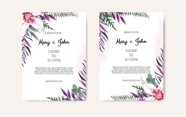 植物の結婚式招待状のカードテンプレートのデザイン 白とピンクの花の白の背景 — ストックベクタ