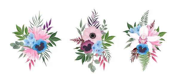 病媒花集合起来 色彩艳丽 叶和花交织在一起 茶花花束 — 图库矢量图片