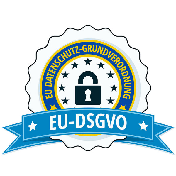 EU-DSGVO flat label with padlock icon and blue ribbon, vector, illustration