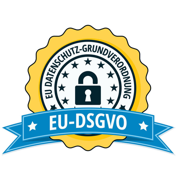 vector illustration design of yellow EU-DSGVO flat label with padlock icon and blue ribbon