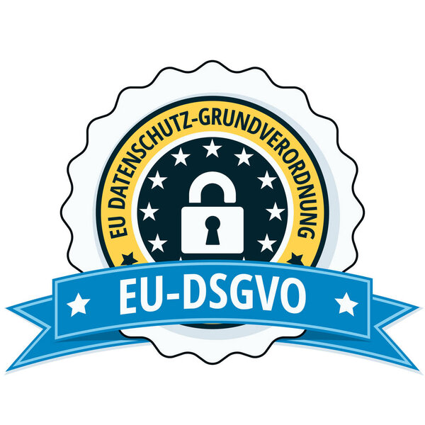 vector illustration design of yellow EU-DSGVO flat label with padlock icon and blue ribbon