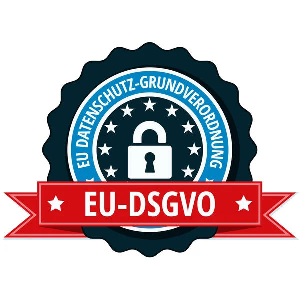 带挂锁图标和红丝带的蓝色欧盟 Dsgvo 平面标签的矢量图解设计 — 图库矢量图片