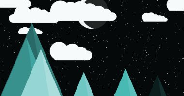 Ay ve dağlarla konsept vektör çizimi, sanat arkaplan tasarımı