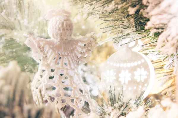 Handmade knitted angel on the christmas tree — Stock Photo, Image